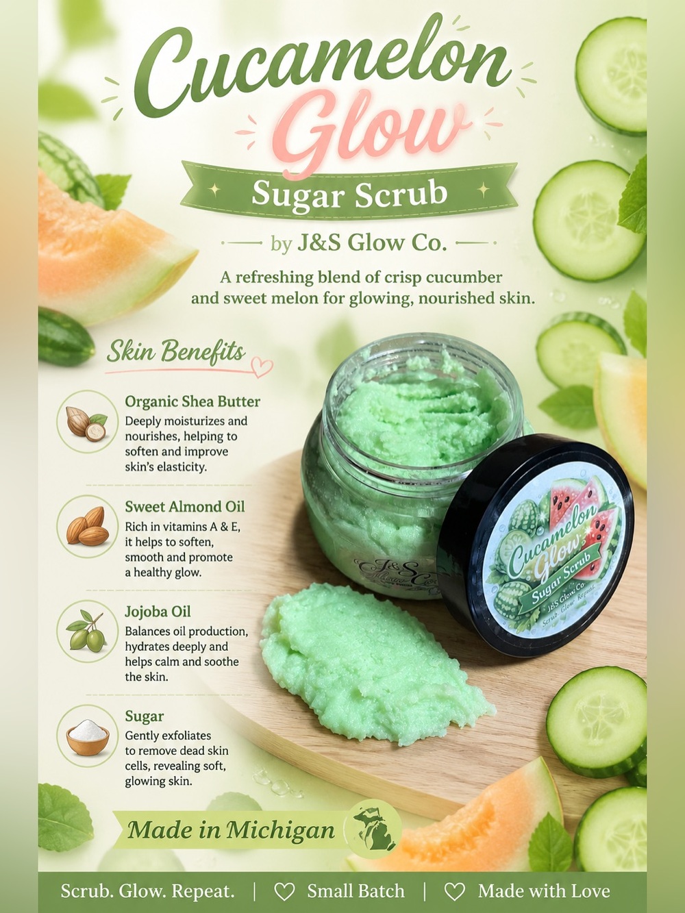 Cucamelon Glow Shea Sugar Scrub by J&S Glow Co. 8 oz.